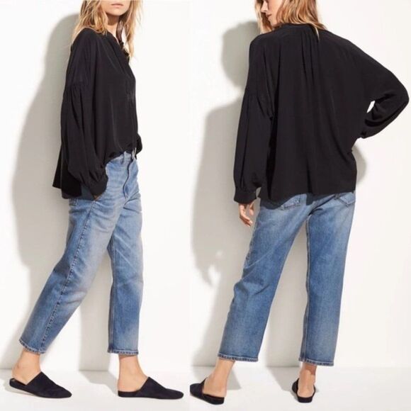 Vince Shirred 100% Silk Blouse Top XS Drop Shoulder Slouchy Balloon Long Sleeve - Picture 3 of 15